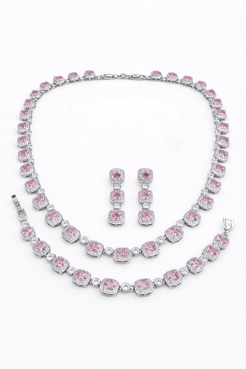 Pembe Taşlı Set Kolye – Bileklik – Küpe Seti