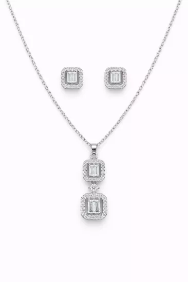 Baget Taşlı Kare Kolye Küpe Seti | SO GOOD