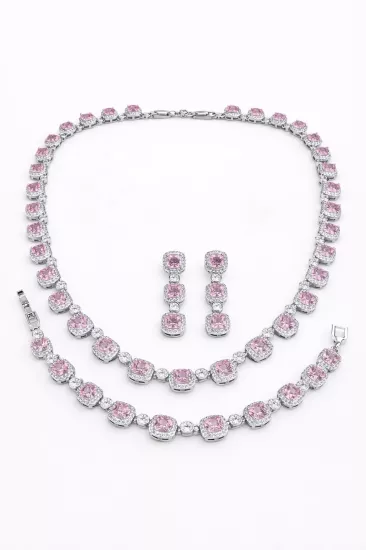 Pembe Taşlı Kolye, Bileklik ve Küpe Seti | Zarif Takı Seti