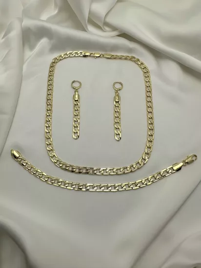 DESENLİ KALIN ZİNCİR SET 14 K GOLD RENGİNDE KOLYE KÜPE BİLEKLİK SET