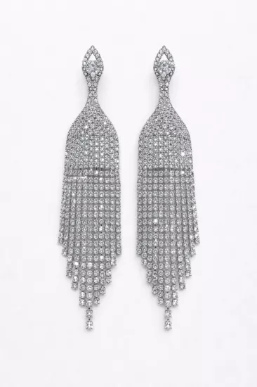 Taşlı Uzun Sallantılı Gümüş Renk Küpe | SO GOOD