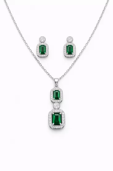 Zümrüt Yeşil Taşlı Kolye Küpe Seti | SO GOOD